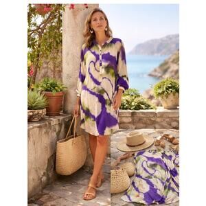 Miao Miao Made in Italy Green Purple Abstract Viscose Tunic Dress One Size Boho